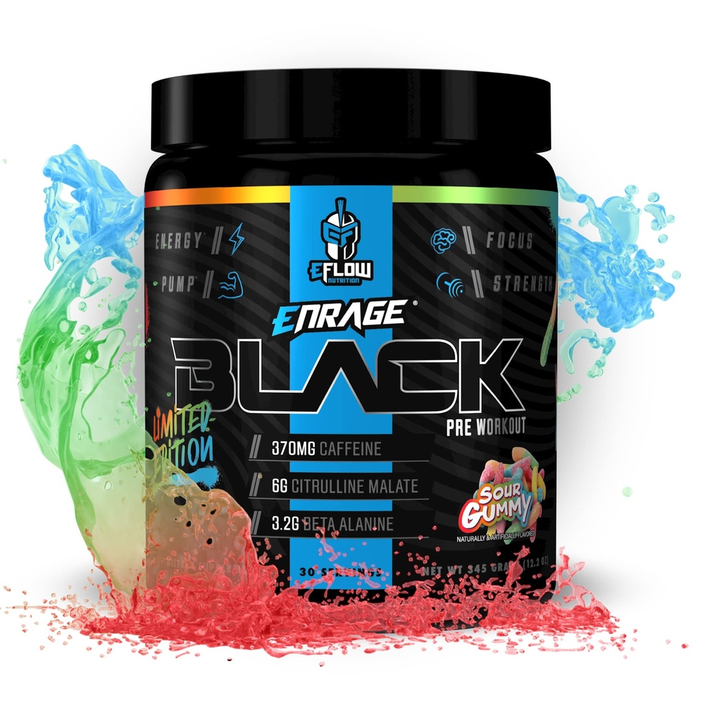 eFlow Nutrition Enrage Black High Stimulant Pre Workout Supplement - Preworkout Powder to Boost Energy, Pumper og Styrke - 4 Arme (30 Servere) (Sour Gummy)