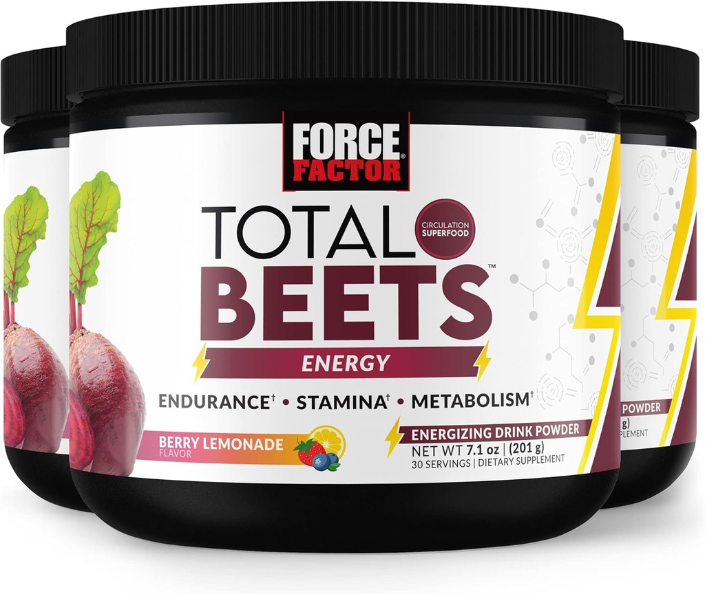 FORCE FACTOR Total Beets Energy Drink Mix 3-Pack, Superfood Beet Root Powder, Nitrater til Boost Energy, Support Circulation, Blood Flow, Nitroc Oxide og Stamina, Heart Health Supplement, 90 Serveringer