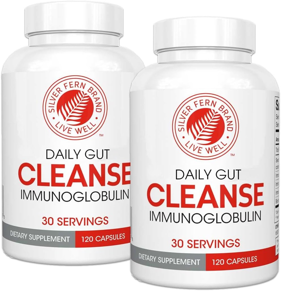 Sølv Fern Cleanse - Daglig Gut - 2 flasker - 240 kapsler - 60 dages forsyning - Immunoglobulin G, A & M - (IgG, IGA, IgM) - fordøjelsessystem & immunsystem Support - Postbiotisk