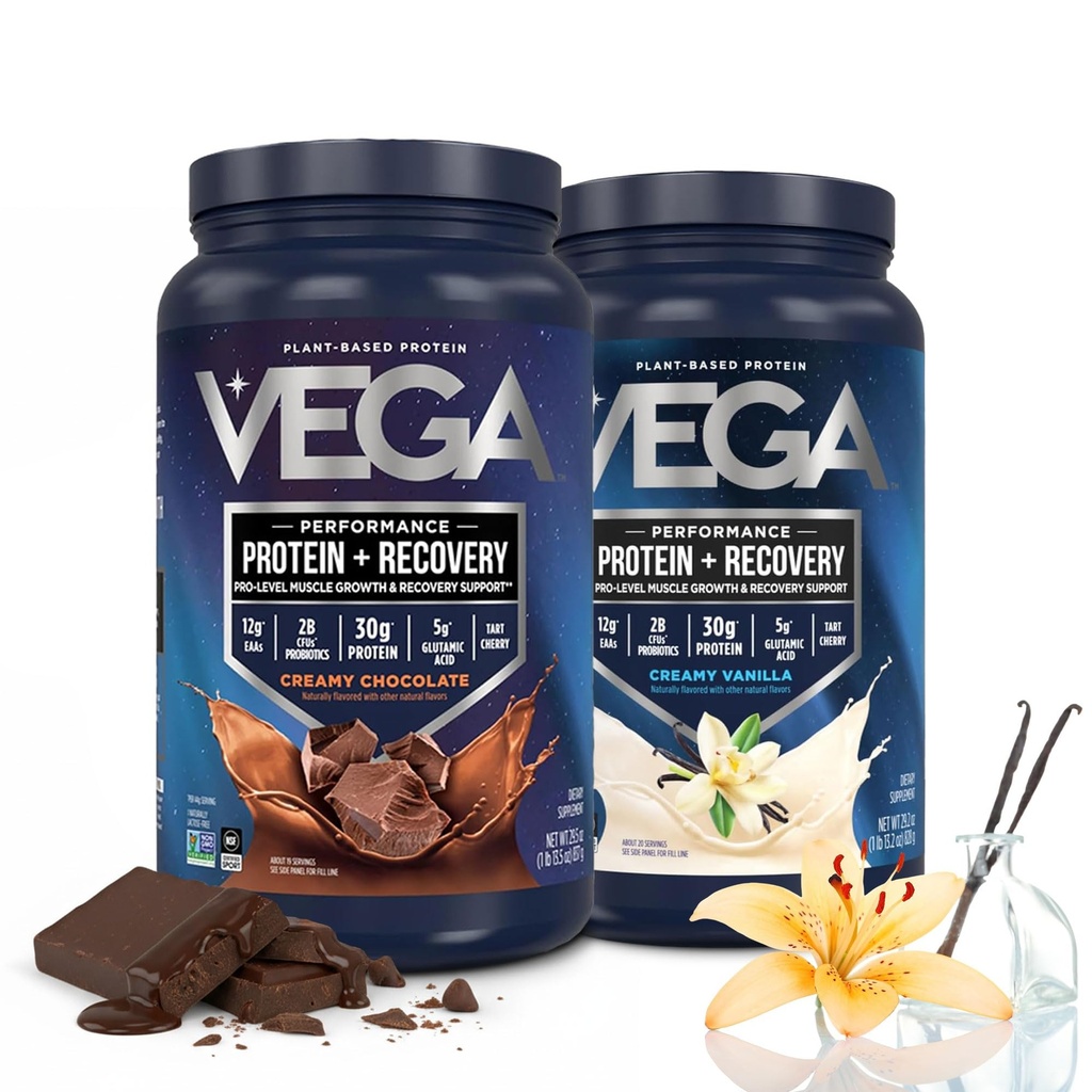 Vega Sport Premium Protein Powder Bundle, Chokolade + Vanilla, Plant Based Protein Powder Post Workout - Certificeret Vegan, Vegetar, Keto- Friendly, Gluten Free, Dairy Free, BCAA Aminosyrer