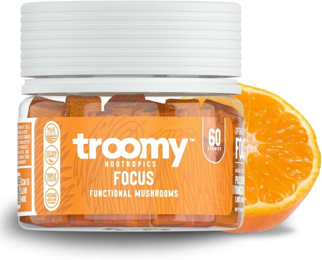 Troomy Lions Mane Focus Gummies 60 Greve - Natural Tangerine og Passionfruit Flavor, Gelatin- Free, Gluten- Free, Vegetar