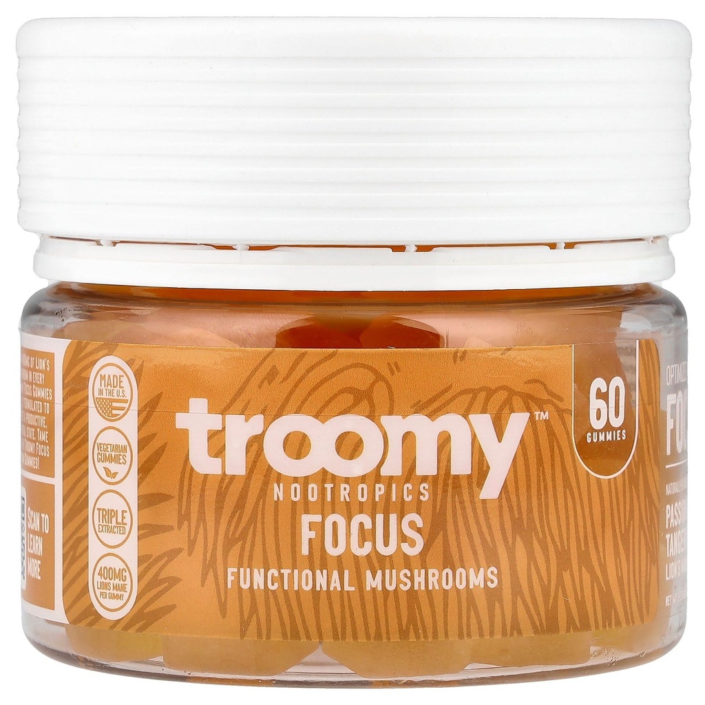 Troomy Lions Mane Focus Gummies 60 Greve - Natural Tangerine og Passionfruit Flavor, Gelatin- Free, Gluten- Free, Vegetar
