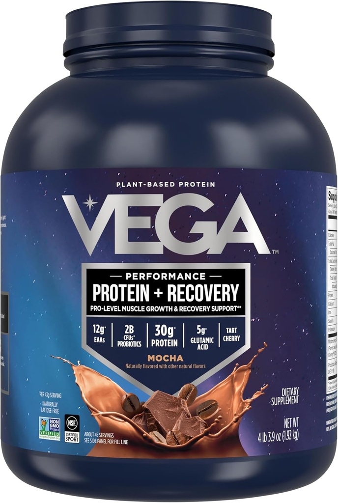 Vega Sport Vegan Protein Powder + Inddrivelse - 30g Plant Based Protein per Serving, Mocha, 45 Servering, 5g BCAA, Probiotika, NSF Certified, for Shakes & Smoothies, 4.2lbs (Packaging May Vary)
