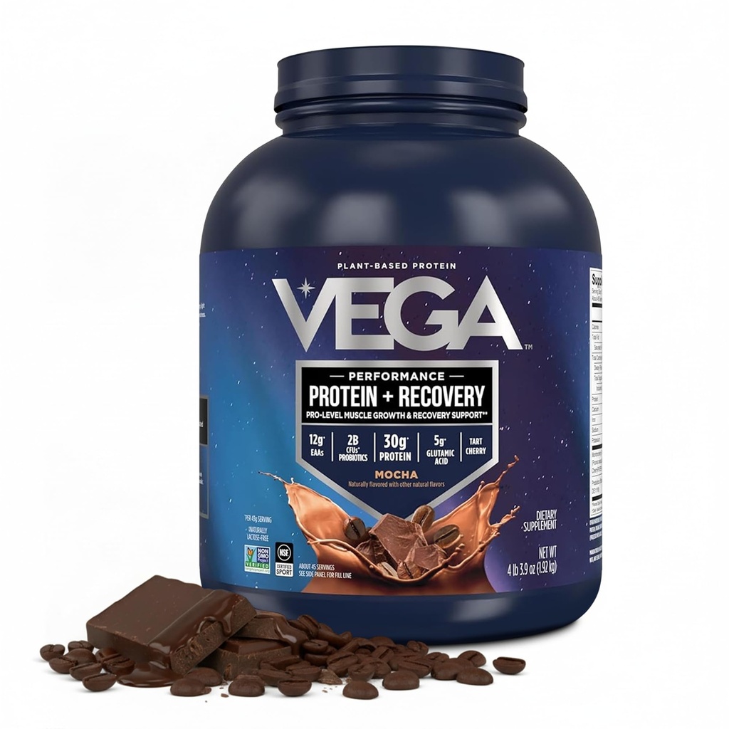 Vega Sport Vegan Protein Powder + Inddrivelse - 30g Plant Based Protein per Serving, Mocha, 45 Servering, 5g BCAA, Probiotika, NSF Certified, for Shakes & Smoothies, 4.2lbs (Packaging May Vary)