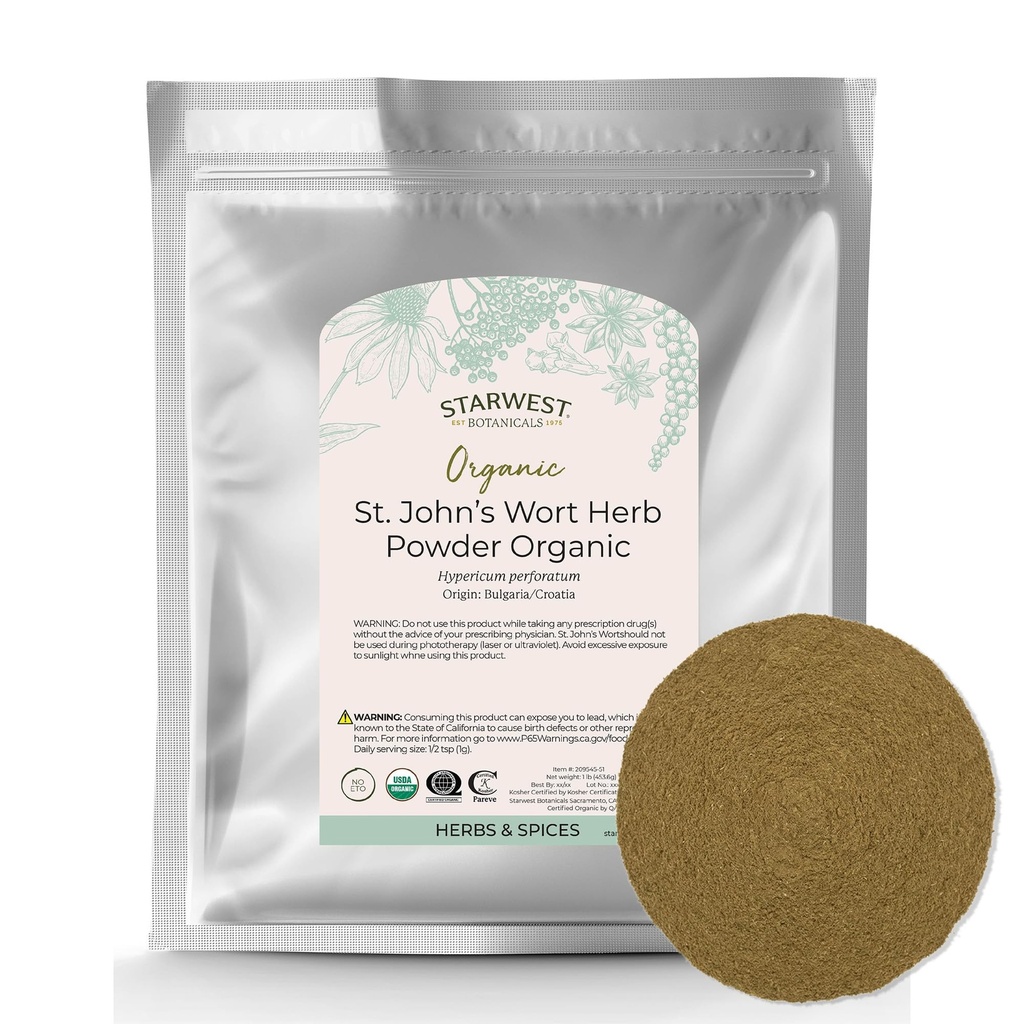 Starwest Botanicals Organic St. John 's Wort Powder - Tørret urt til te, Lavet af St. John' s Wort Flower, Understøtter afslapning, Certified Kosher, Non- GMO - Bulk 1 LB taske