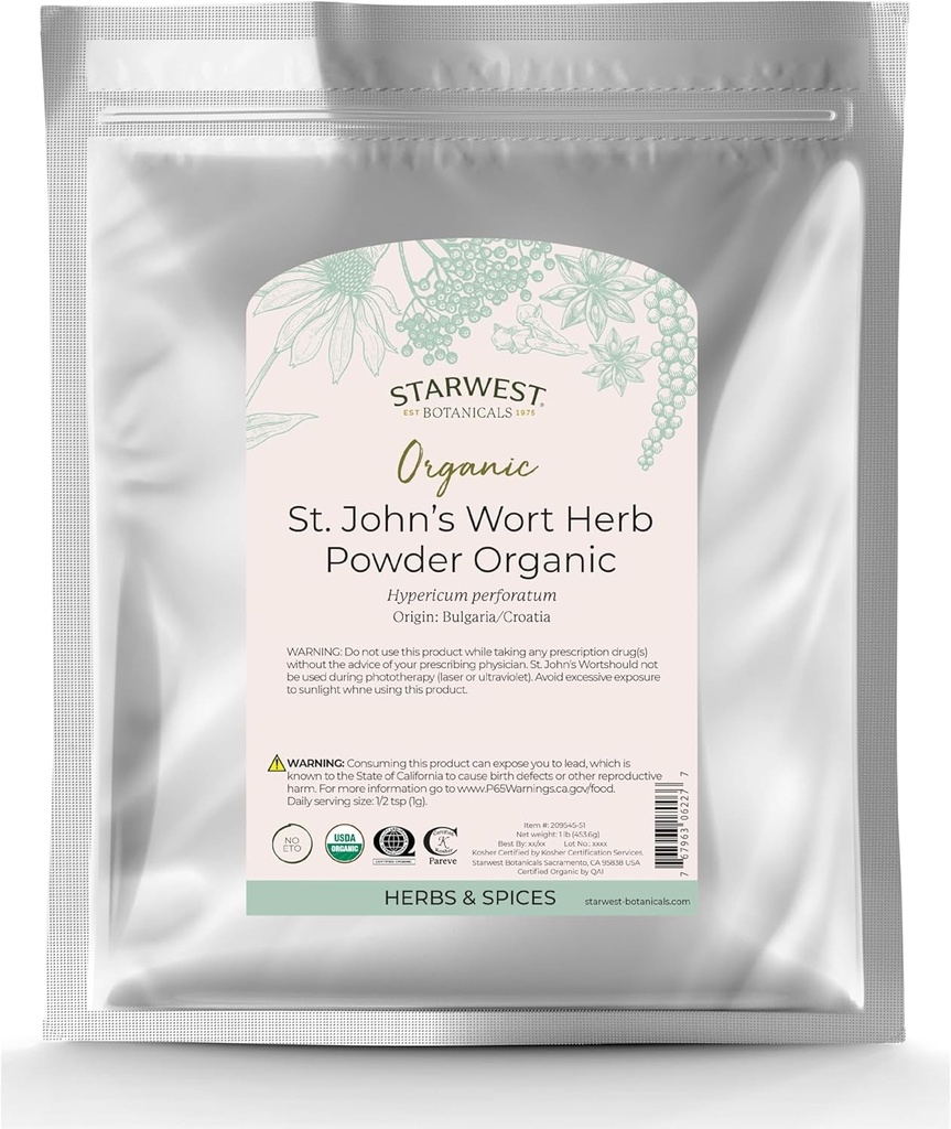 Starwest Botanicals Organic St. John 's Wort Powder - Tørret urt til te, Lavet af St. John' s Wort Flower, Understøtter afslapning, Certified Kosher, Non- GMO - Bulk 1 LB taske