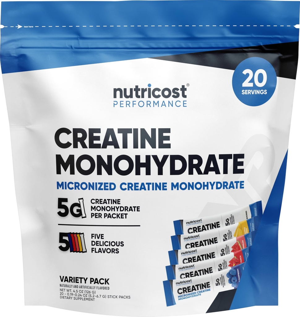 Nutricost Creatine Monohydrat Powder Variety Stickpacks (5 Artikker, 20 Servere) - Mikroniseret, 5 Gram Creatine Monohydrat Per Pack