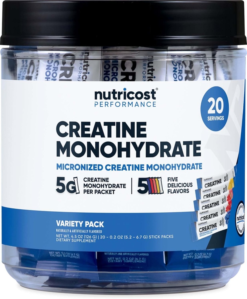 Nutricost Creatine Monohydrat Powder Variety Stickpacks (5 Artikker, 20 Servere) - Mikroniseret, 5 Gram Creatine Monohydrat Per Pack