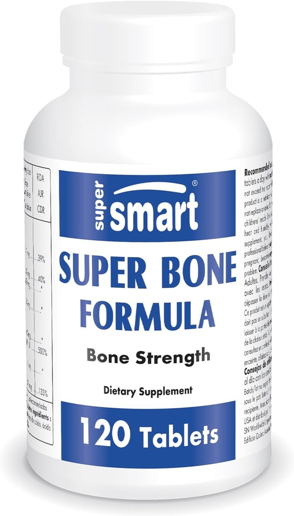 SuperSmart - Super Bone Formel (Advanced Complex) - med Calcium, Magnesium, Vitamin K2, D3 & Strontium Supplements 124; Non- GMO & Gluten Free - 120 Tabletter