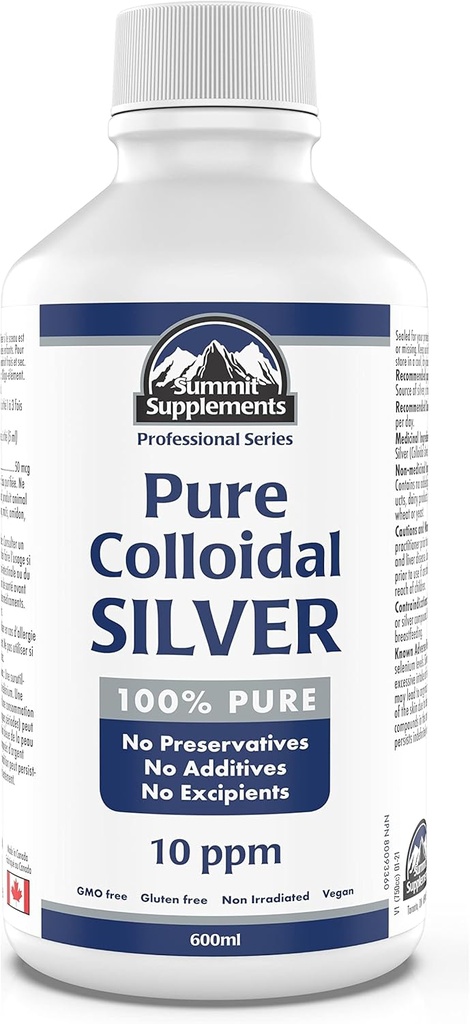 Kolloid sølv 10ppm 600ml - Kolloid sølv flydende mineral spor mineraler - Kolloid kobber kosttilskud - Sølv kolloide mineraler Væske - Formuleret & Lavet i Canada