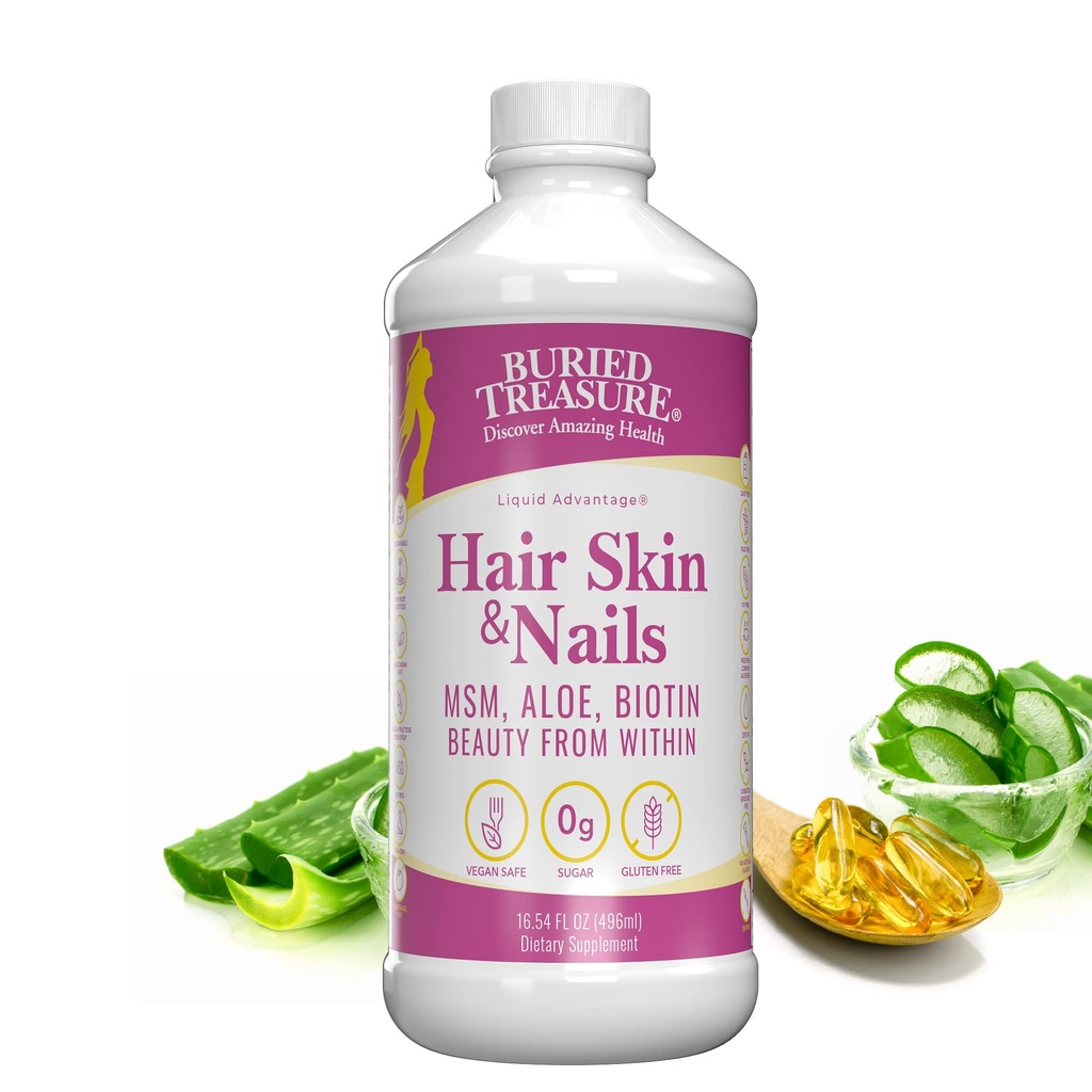 Begravet Treasure Hår, Hud og negle med MSM Biotin Aloe Vera plus vitaminer og mineraler i en høj potens flydende hele fødevarer kompleks for Fuller hår, stærkere negle og lysere hud 16 oz