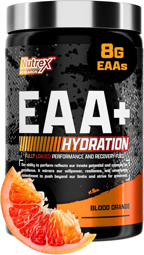 Nutrex Research EAA Hydration | EAAs + BCAAs Powder | Muscle Recovery, Strength, Muscle Building, Endurance | 8G Essential Amino Acids + Electrolytes | Blood Orange Flavor 30 Serving