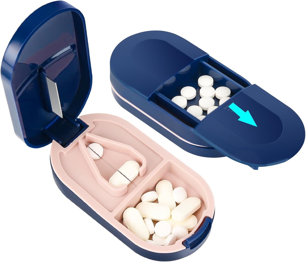 Pill Cutter, Bærbar Pill Splitter 2- in-1 Pill Case med rustfrit stål klinge, for små eller store vitaminer tabletter, Cut piller med Mini Pill Organizer Segment - Blå