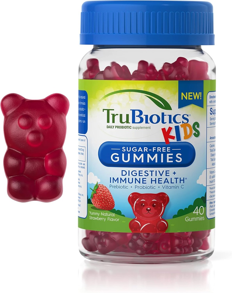 Trubiotika Probiotika til børn med Prebiotika & C-vitamin, Sugar- Free Gummies til fordøjelse og immunforsvar, Chewable Kids Probiotiske supplement, Natural Strawberry Flavor, 40 Gummies