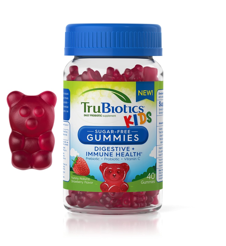 Trubiotika Probiotika til børn med Prebiotika & C-vitamin, Sugar- Free Gummies til fordøjelse og immunforsvar, Chewable Kids Probiotiske supplement, Natural Strawberry Flavor, 40 Gummies