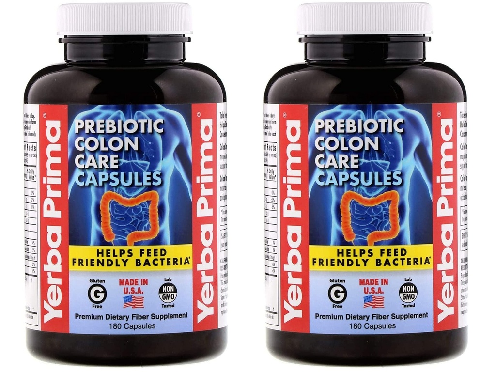 Yerba Prima Prebiotic Colon Care Capsules - 180 Greve (Pack of 2), Gluten Free, Stolt Lavet i USA, Non- GMO, Opløselig & Uopløselig Fiber, Understøtter en sund funktion Colon