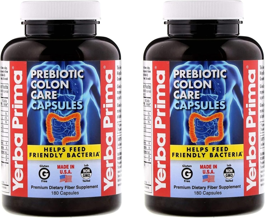 Yerba Prima Prebiotic Colon Care Capsules - 180 Greve (Pack of 2), Gluten Free, Stolt Lavet i USA, Non- GMO, Opløselig & Uopløselig Fiber, Understøtter en sund funktion Colon