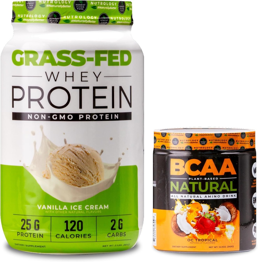Nutrologi Grass Fed Whey Protein Powder, Understøtter Lean Muscle Recovery & Performance, Vanilla Ice Cream Flavor (28 Servere) BCAA Natural, Orange Kokosolie Flavor (30 Servere)
