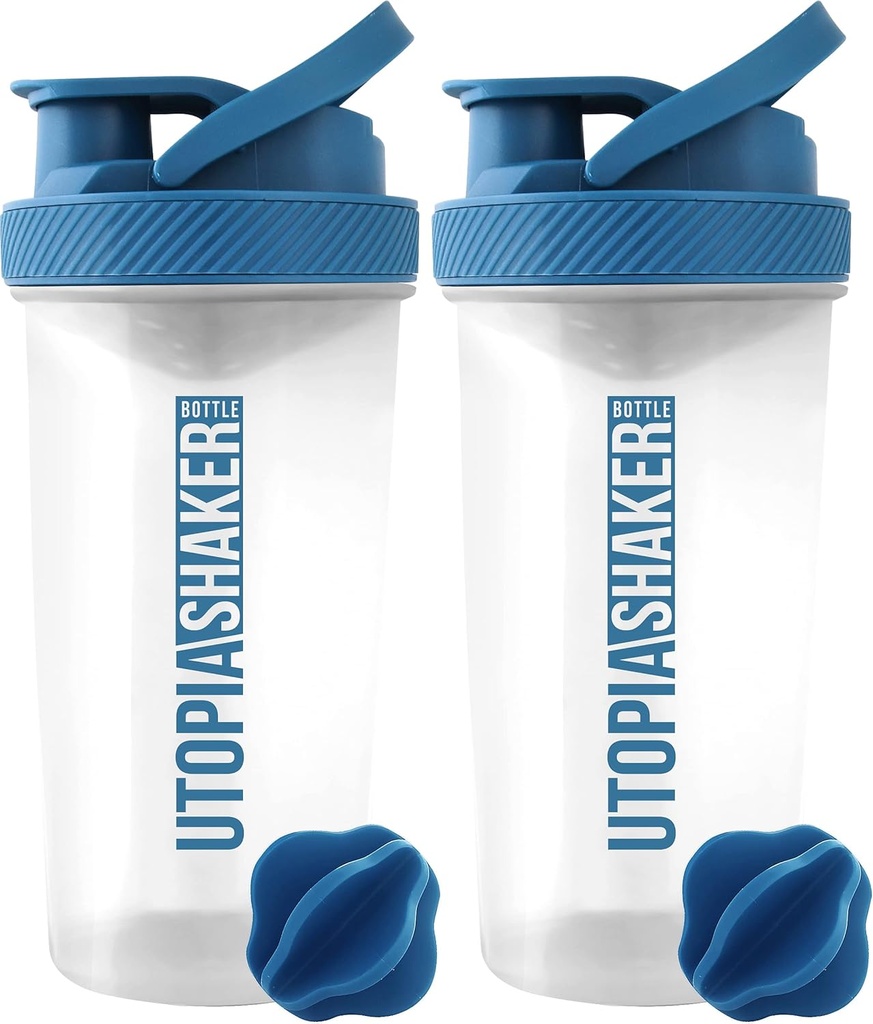 Utopia Home Protein Shaker Bottle - (Pack of 2) 28-Ounce Shaker bottles For Protein Mixes - Fitness Sports Classic Protein Mixer Shaker Bottle (Clear/Navy)