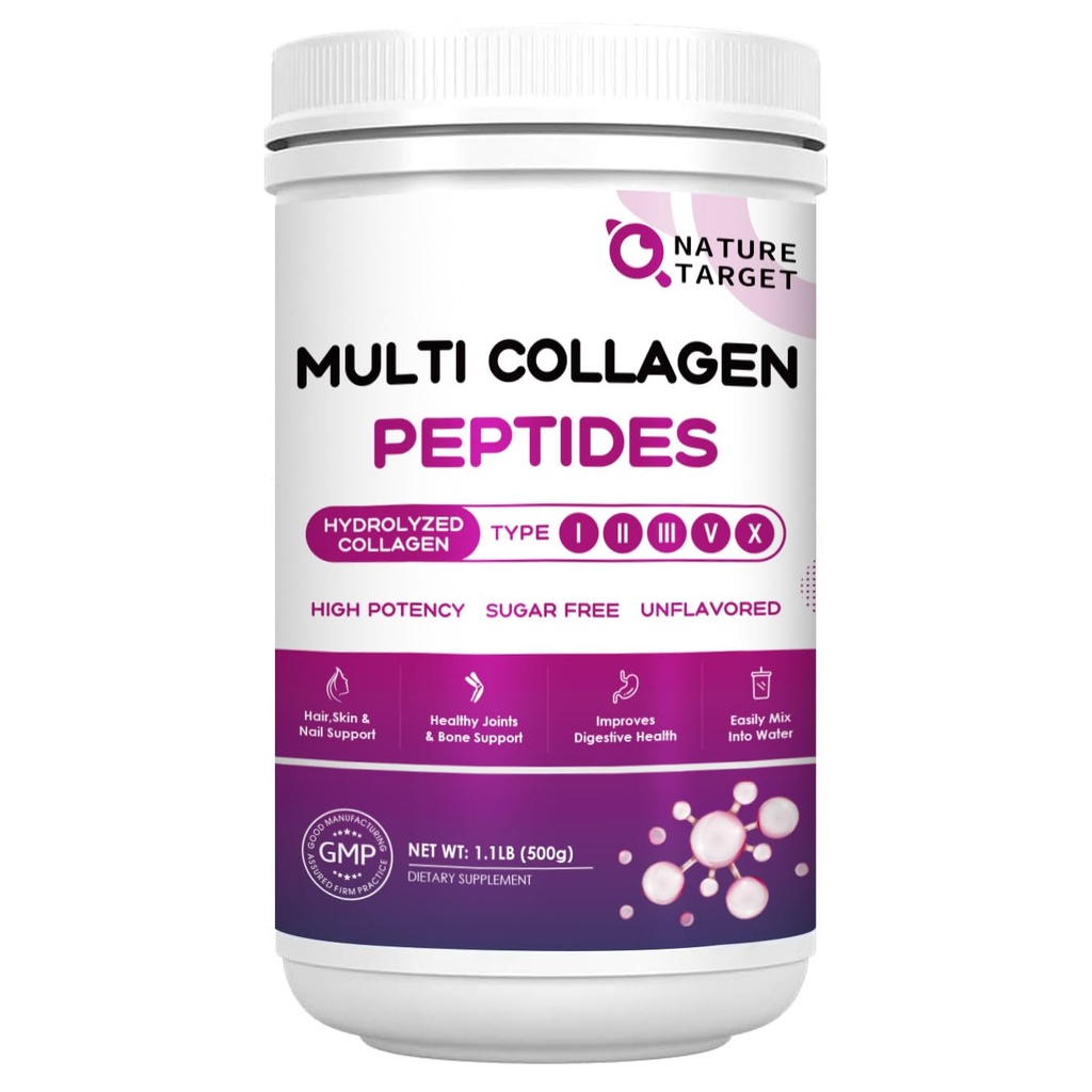 NATUR TARGET Multi Collagen Peptider Pulver - Type I, II, III, V, X - Hydrolyzed Collagen Peptider med C-vitamin Hyaluronsyre, Understøtter hud hårsøm & Fælles, Grass- Fed, Non- GMO, 50 Servere