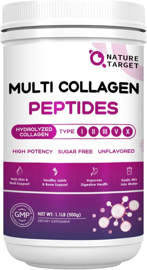 NATUR TARGET Multi Collagen Peptider Pulver - Type I, II, III, V, X - Hydrolyzed Collagen Peptider med C-vitamin Hyaluronsyre, Understøtter hud hårsøm & Fælles, Grass- Fed, Non- GMO, 50 Servere