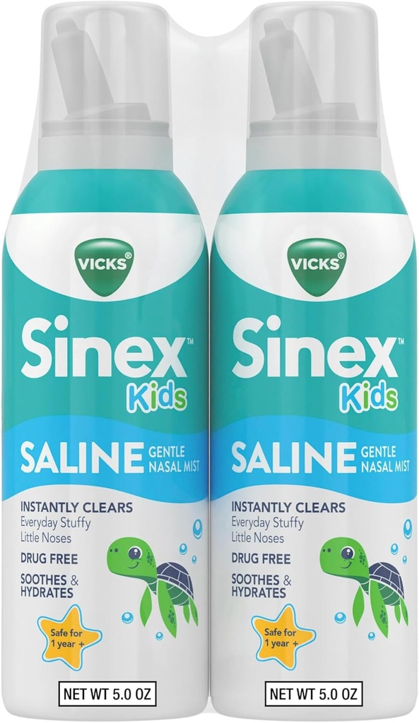 Vicks Sinex, Children 's Saline Nasal Spray, Drug Free Ultra Fine Mist med Hint of Aloe, Age 1 +, Fast Everyday Stuffy Næse Relief for Kids, Clear Mucus fra en kold eller Allergy, 5 OZ x 2