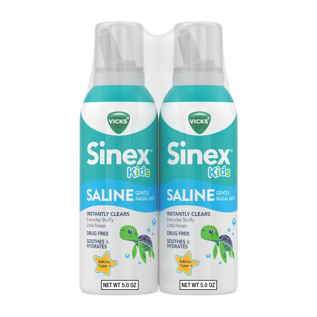 Vicks Sinex, Children 's Saline Nasal Spray, Drug Free Ultra Fine Mist med Hint of Aloe, Age 1 +, Fast Everyday Stuffy Næse Relief for Kids, Clear Mucus fra en kold eller Allergy, 5 OZ x 2