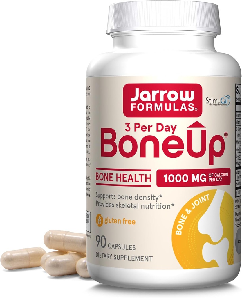 Jarrow Formulas BoneUp Tre per dag for ben densitet og skeletal ernæring, omfatter vitamin D3, K2 (som MK-7) og Calcium, 90 kapsler, 30 dages forsyning