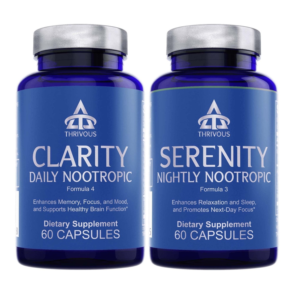 Thrivous Clarity & Serenity Stack - Dag + nat Nootrop Bundle for Focus, Mood, Afslapning & Sleep Support - 120 Veganske Kapsler