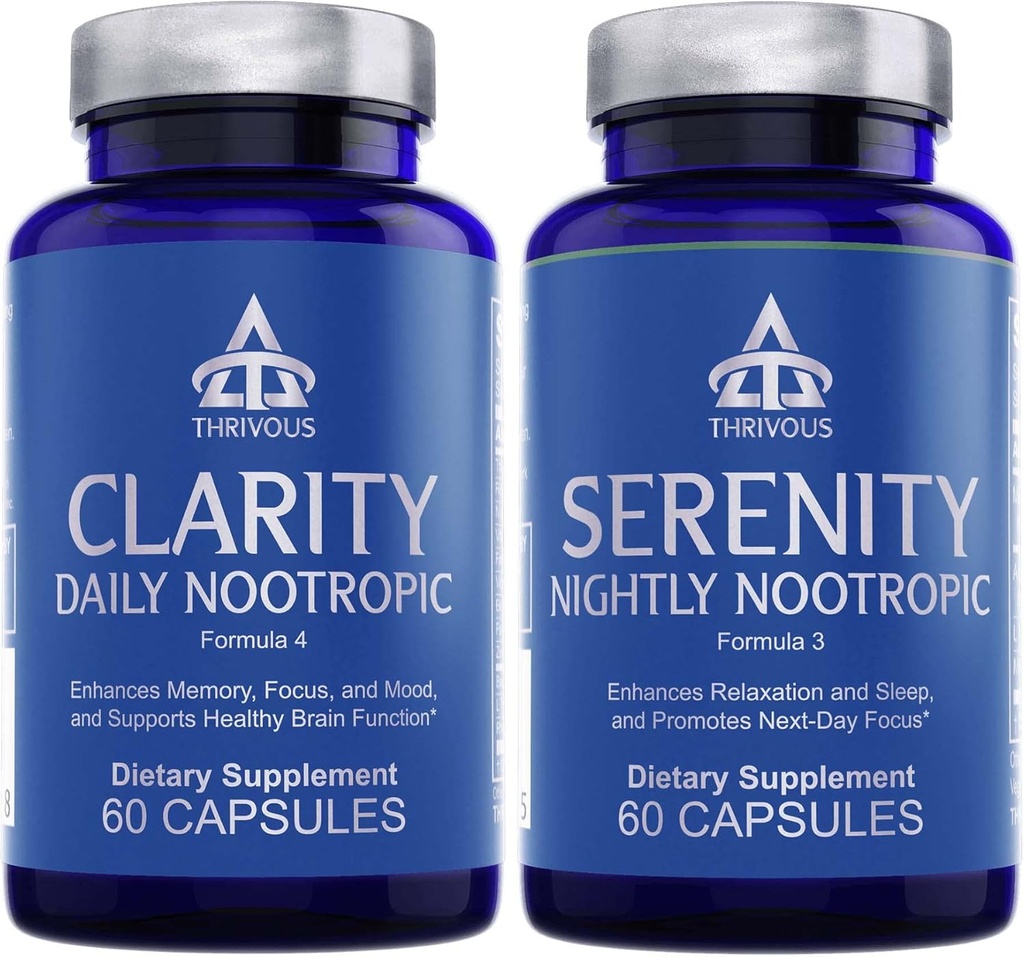 Thrivous Clarity & Serenity Stack - Dag + nat Nootrop Bundle for Focus, Mood, Afslapning & Sleep Support - 120 Veganske Kapsler