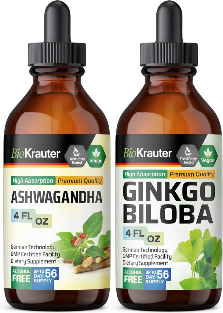 BIO KRAUTER Ashwagandha Tincture 4 Fl. Oz. & Ginkgo Biloba Tincture 4 Fl. Oz.