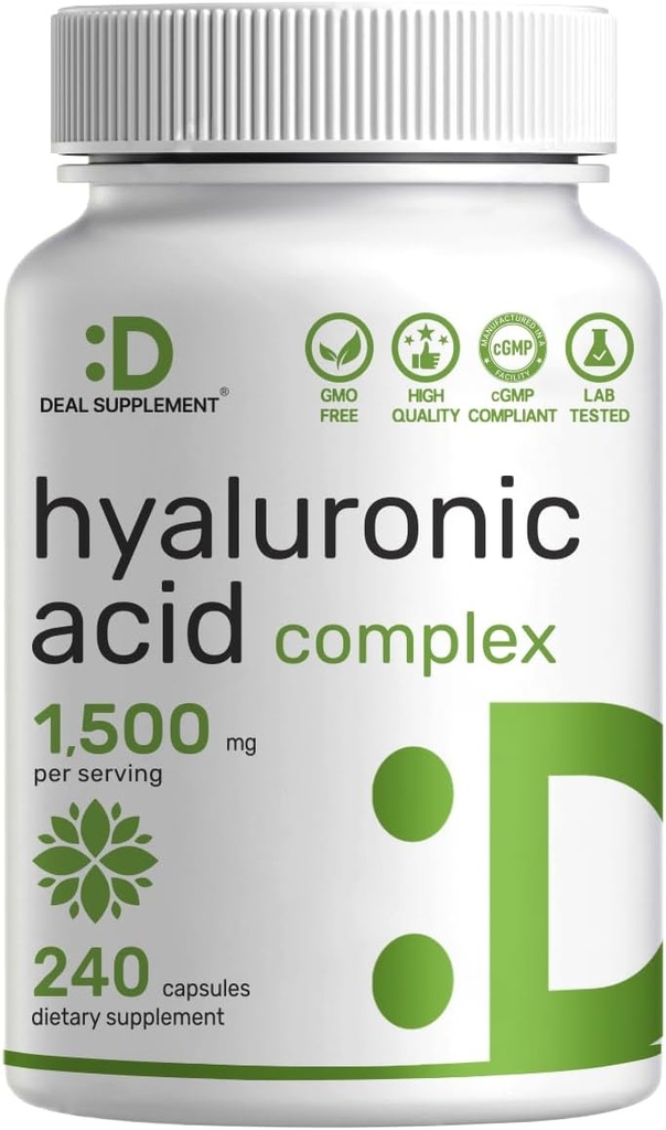 Deal Supplement Hyaluronsyre Kosttilskud 1.500mg - 240 Kapsler, med MSM & vitamin C - Pure 95% - 124; Non- GMO + Plant baseret HA - Understøtter sunde Joints, Bones, Connective Tissue, & Skin Hydration