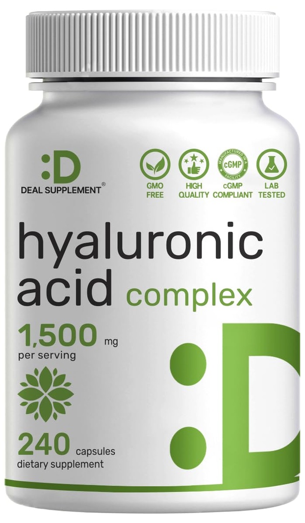 Deal Supplement Hyaluronsyre Kosttilskud 1.500mg - 240 Kapsler, med MSM & vitamin C - Pure 95% - 124; Non- GMO + Plant baseret HA - Understøtter sunde Joints, Bones, Connective Tissue, & Skin Hydration