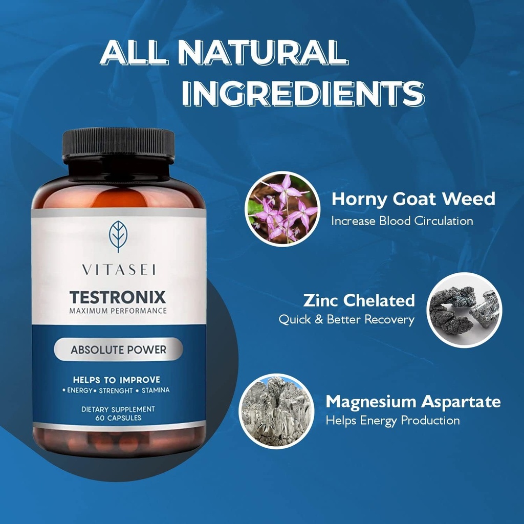 VITASEI Testronix Performance Supplement for mænd - Energi og muskeltillæg for mænds sundhed - 60 kapsler (pakke med 2)
