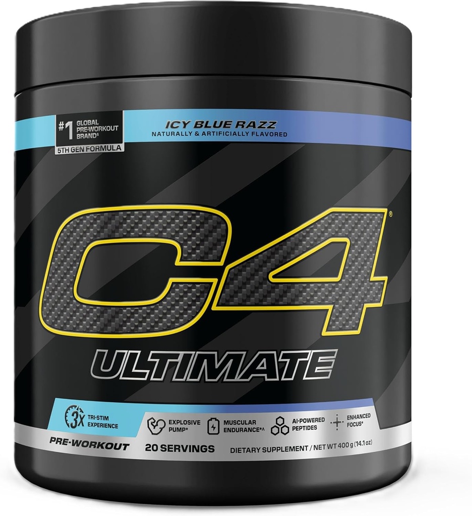 Cellucor C4 Ultimate Pre Workout Powder ICY Blue Razz - Sugar Free Preworkout Energy Supplement for mænd og kvinder - 300mg koffein + 3,2g Beta Alanine + 2 Patenterede Creatines - 20 Serveringer