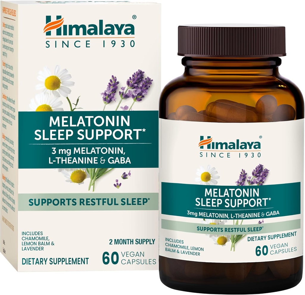 Himalaya Melatonin Sleep Support med GABA, L- Theanin og Melatonin 3 mg til søvnstøtte og lejlighedsvis søvnløshed, 60 kapsler, 2 måneders forsyning