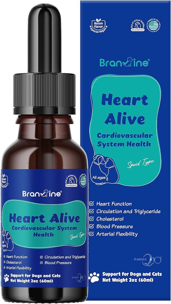 Heart Alive Liquid Cardiovaskulære System Sundhed for hunde og katte-Norske Fish Oil, Coenzym Q10, Vitamin K2, Policosanol, Hawthorn Berry Extract, Vegan Bacon Flavor (60ml)