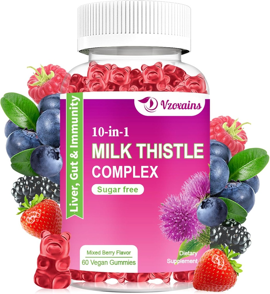 Mælk Thistle Gummies, 10- in-1 Herbal Formel for lever rense Detox & Reparation med Mælkebøtte Root, gurkemeje, Artiskoke - Optimal lever funktion og fordøjelsessygdomme - blandet berry flavor