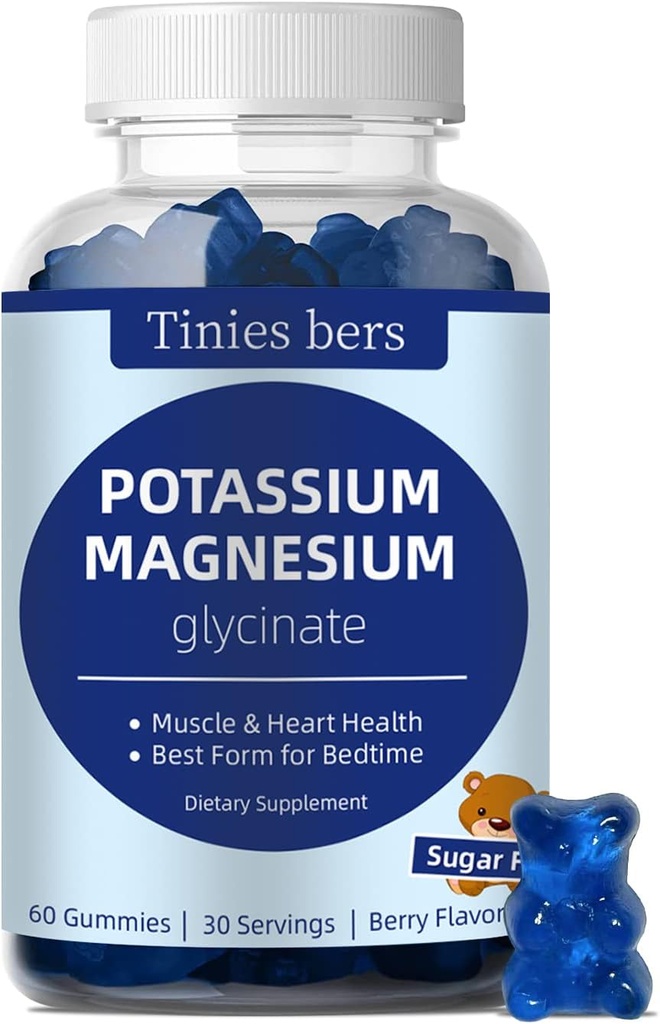 Kalium Magnesium Gummier, Kalium Gummies Sukker Gratis for voksne børn, Support Leg Cramp & Muscle & Heart Health, Magnesium Glycinate Gummies Bedste for Sengetid, Vegan, Non- GMO, Berry Flavor, 60