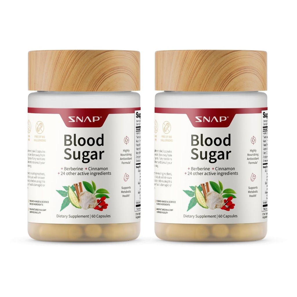 Snap Supplements Blood Sugar Blend, CoQ10, Cinnamon, Alpha Lipoic Acid og Gymnema, Sugar Free, 60 Kapsler, 2 Pack