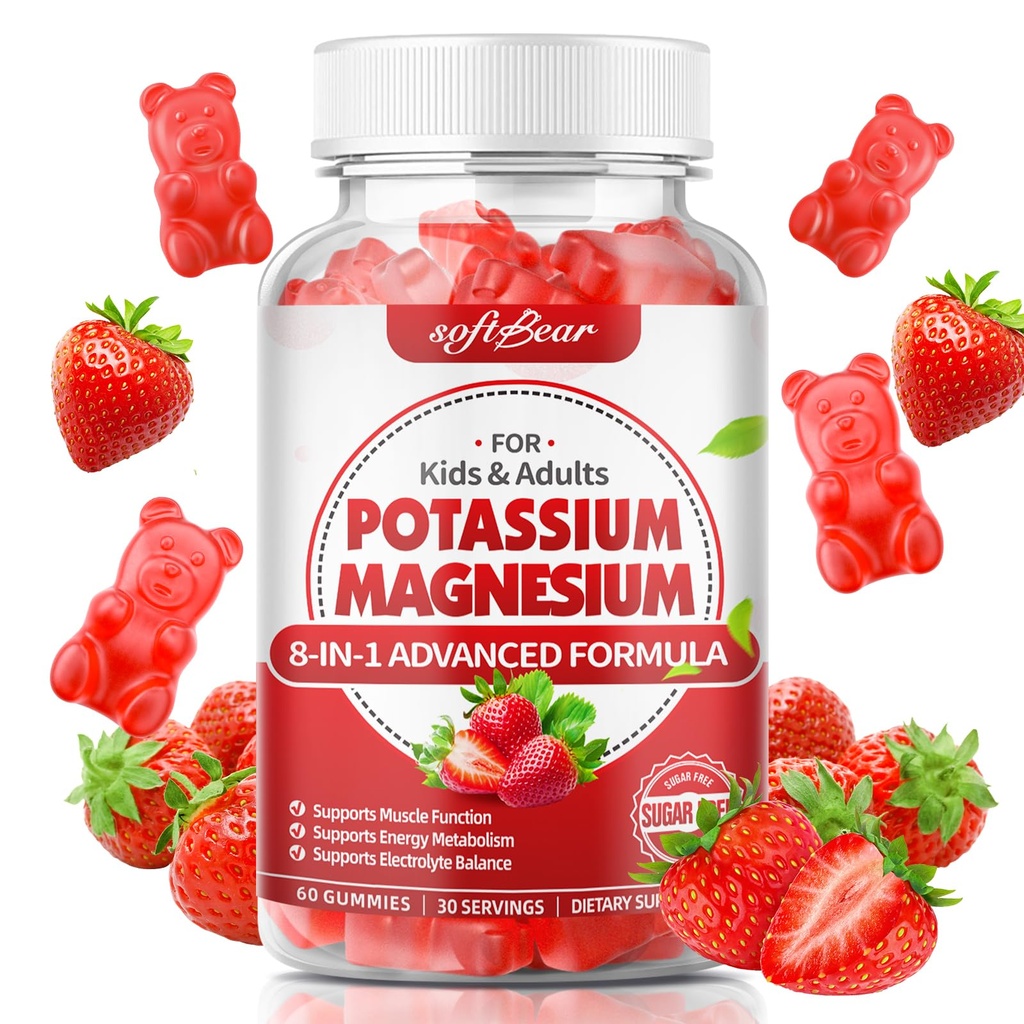 softbear Kalium gummies for adult, High Absorption Magnesium kaliumsupplement med vitamin B6 til ben kramper og muskelsundhed Sugar- fri Vegansk jordbær 60 gummies