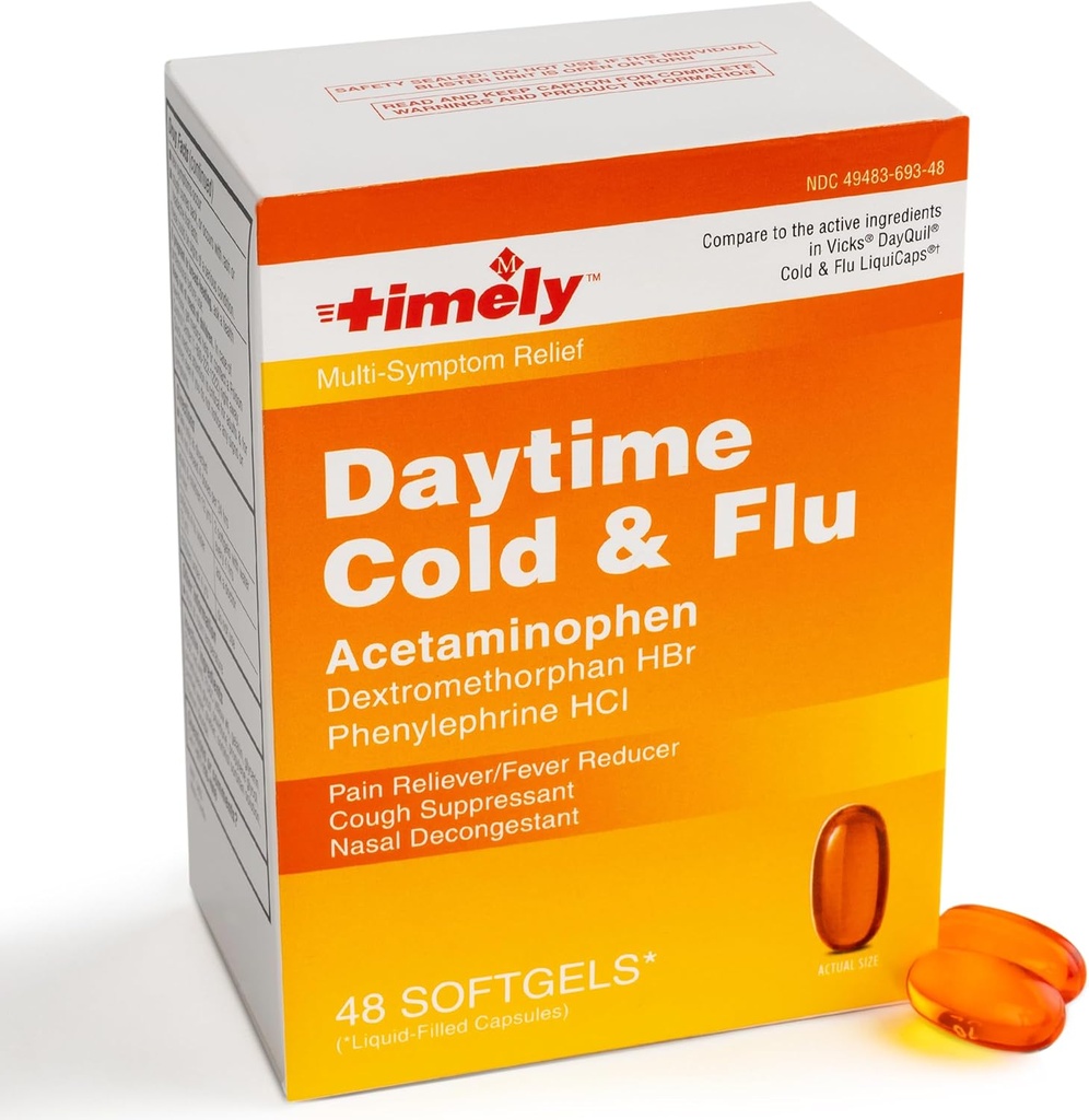 TIME-CAP LABS, INC. Timeout Daytime Cold and Flu Medicine 48 Softgels - Host suppressant, Nasal Decongestant, Pain Reliever