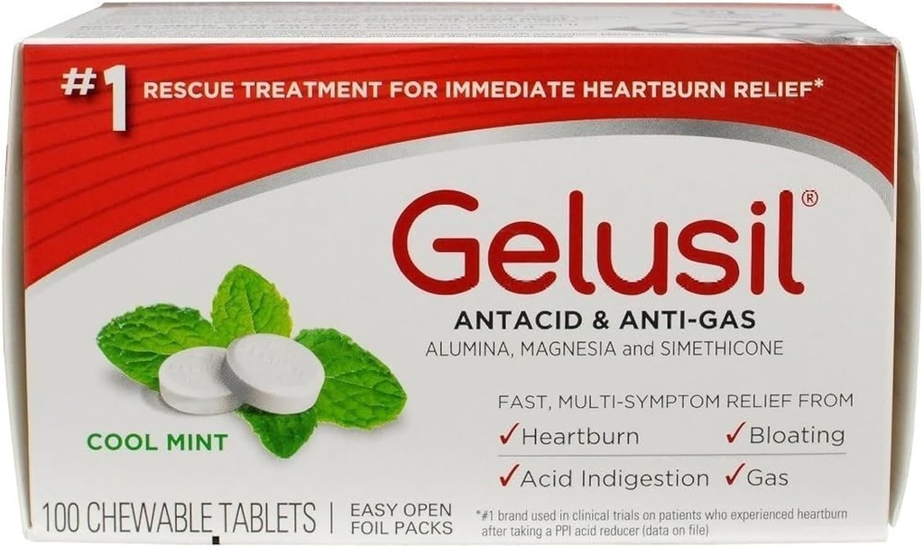 Gelusil Antacida & Anti Gas Tablets for Heartburn Relief, Acid Reflux, Bloating and Gas, Cool Mint - 100ct Blister Pack