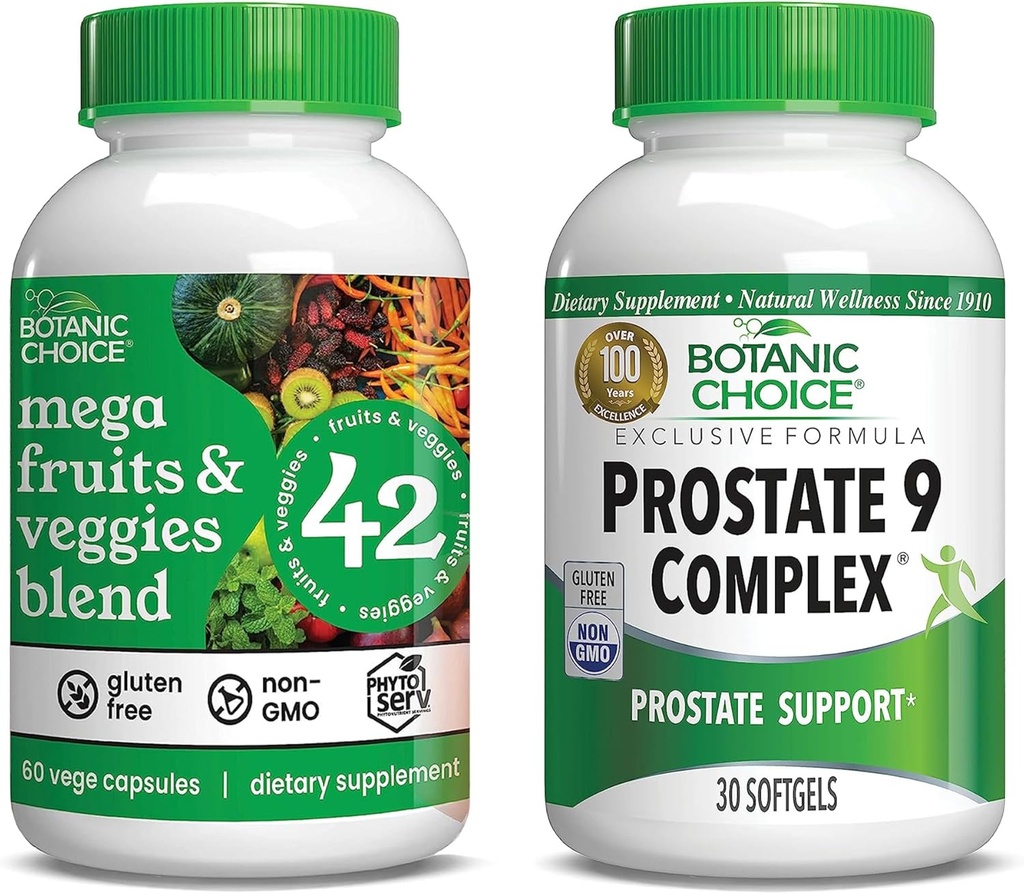 Botanic Choice Mega Fruits and Veggies Blend (60 kapsler) + Prostate 9 Complex (30 Softgel) Bundle - Energy Balance & Superfood Supplement + Urinstrøm & Cellular Sundhed