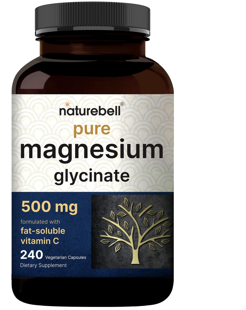 Naturebell Pure Magnesium Glycinate 500 mg, 240 Veggie Kapsler; 100% Chelated & Renset - 3. part testet, Vegan Friendly, Non- GMO, Filler Free