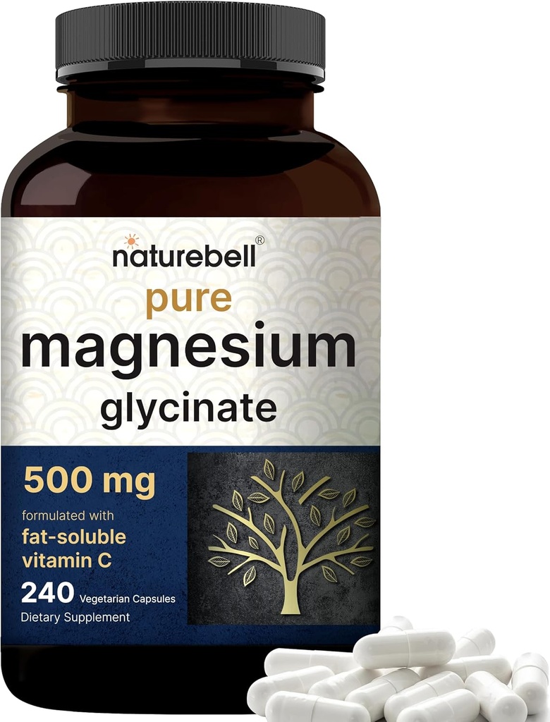 Pure Magnesium Glycinate 500 mg med fedt opløseligt C-vitamin, 240 Veggie Kapsler 124; supplement til søvn, hjerte & muskelstøtte * - 100% Chelated & Renset - 3. parti testet, Vegan Friendly, Non- GMO