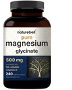 Naturebell Pure Magnesium Glycinate 500 mg, 240 Veggie Kapsler; 100% Chelated & Renset - 3. part testet, Vegan Friendly, Non- GMO, Filler Free