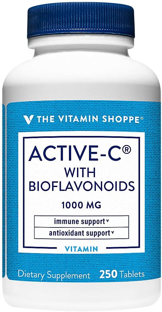 Vitamin Shoppe Active- C med Bioflavonoider 1000 MG - Antioxidant til kardiovaskulær og immunforsvar mod frie radikaler (250 tabletter)