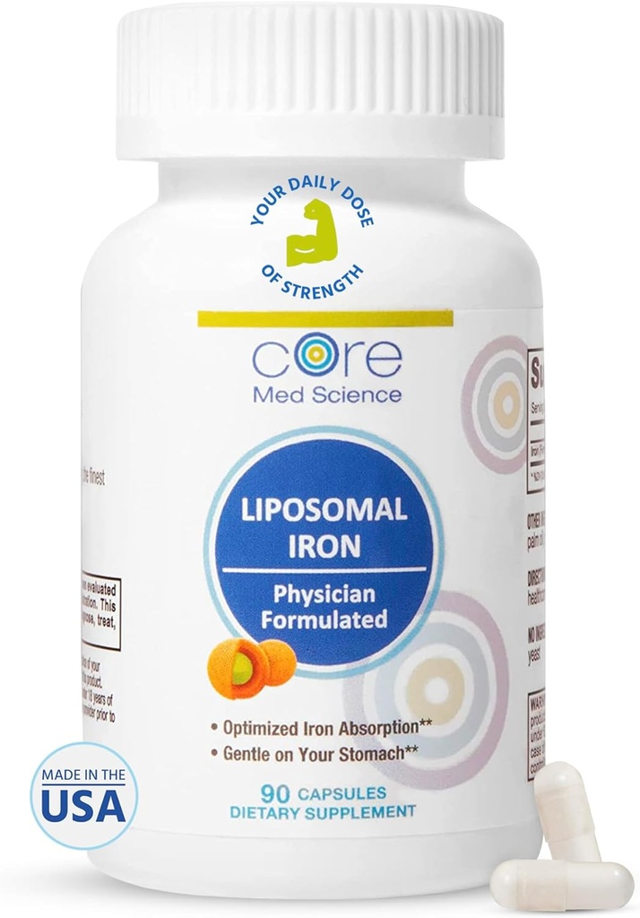 Core Med Science Liposomal Iron Supplement for Women & Men, 65mg (90 Capsules) - Iron Absorption Vitamin Pills for Deficiency During Pregnancy - Easy to Swallow & Gentle on Stomach - Dairy-Free