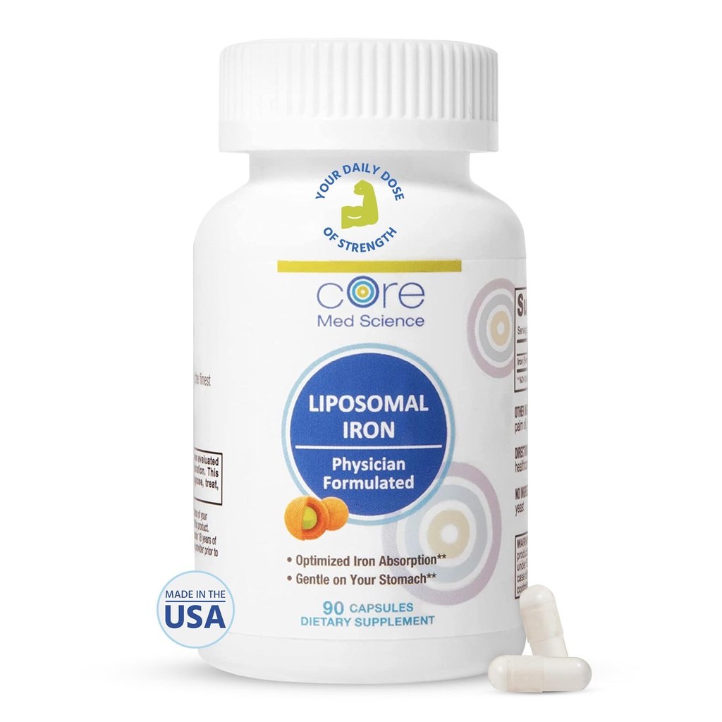 Core Med Science Liposomal Iron Supplement for kvinder & mænd, 65mg (90 kapsler) - Iron Absorption Vitamin piller for mangel under graviditet - Let at synke & blid på Mave - Dairy- fri